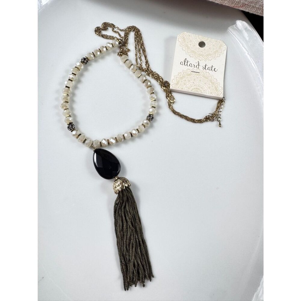 Altar'd State Gold Chain Necklace with Cream Glass Beads, Black Glass Pendant